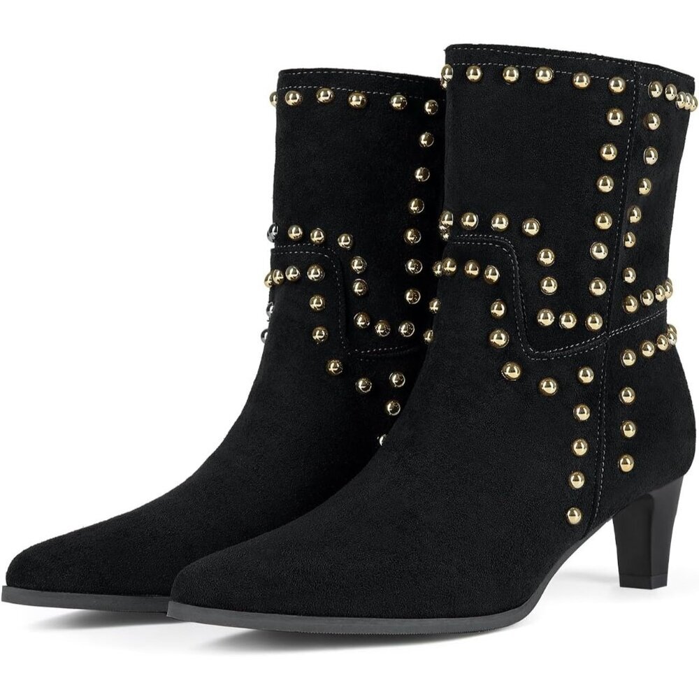 Women's Pointed Toe Low Kitten Heel Booties Slip On Rivet Ankle Boots Black